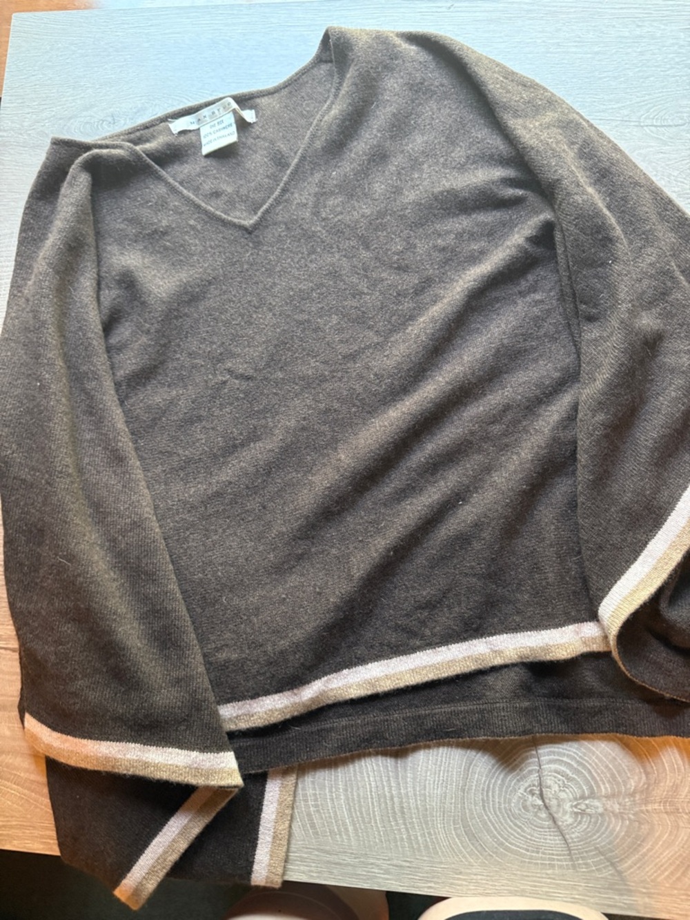 Max Studio Cashmere Ponch V-neck in Dark Brown with Beige and Taupe Trim